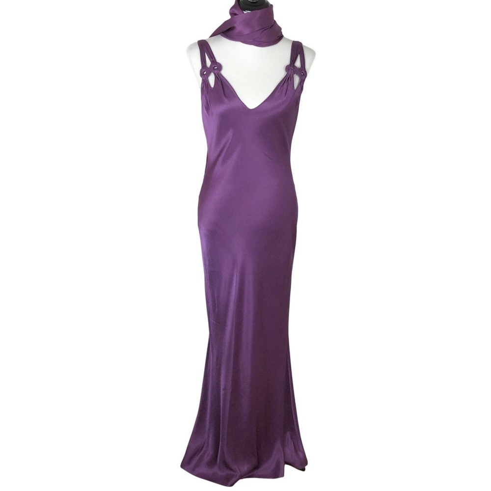 JOHN GALLIANO PARIS Bias Cut Gown + Tassel Scarf Sz 10 Purple Made in France EC - Picture 3 of 16